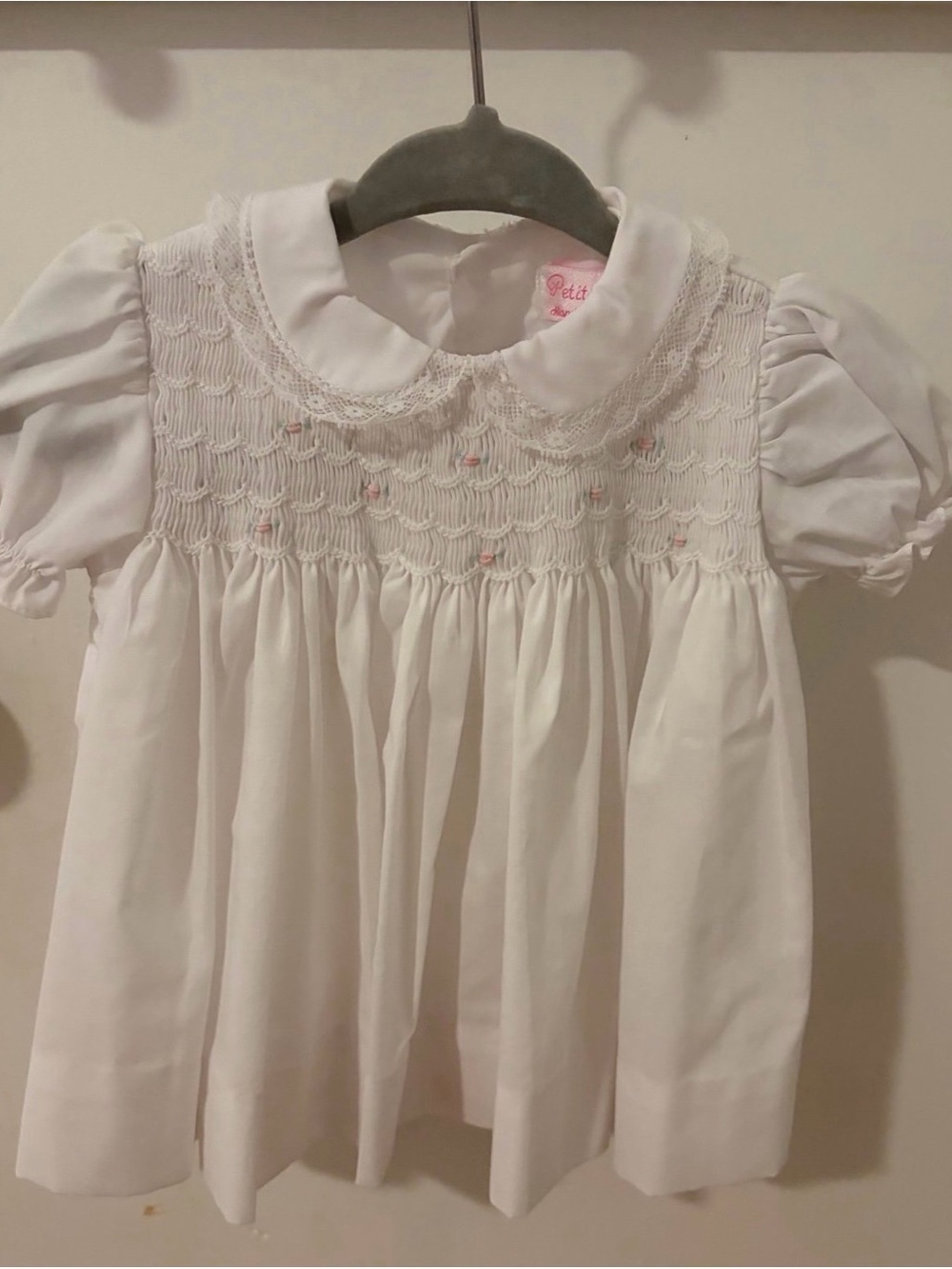 Petit Ami White Smocked Peter Pan Collar Dress with Pink Accents